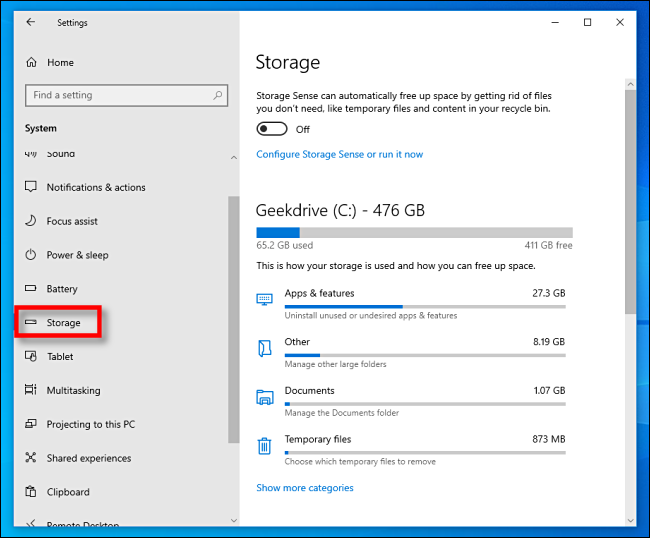 Щракнете върху Съхранение в настройките на Windows 10