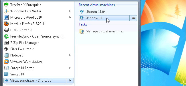 Truy cập Máy ảo VirtualBox từ Menu Bắt đầu của Windows 7 hoặc Thanh tác vụ