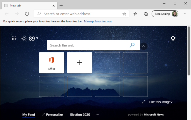 Страницата Нов раздел в новия браузър Microsoft Edge.