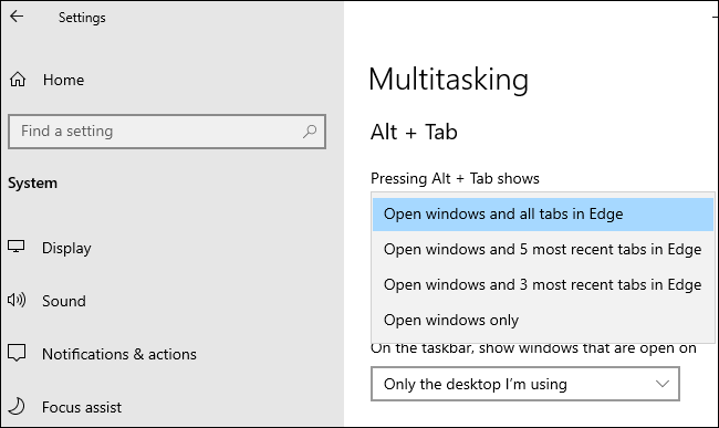 Edge Alt+Tab options under Settings>Система > Многозадачност.