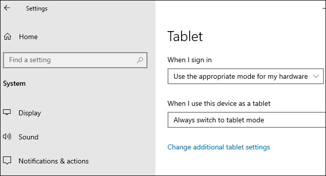 Tablet options under Settings>Система > Таблет на Windows 10.