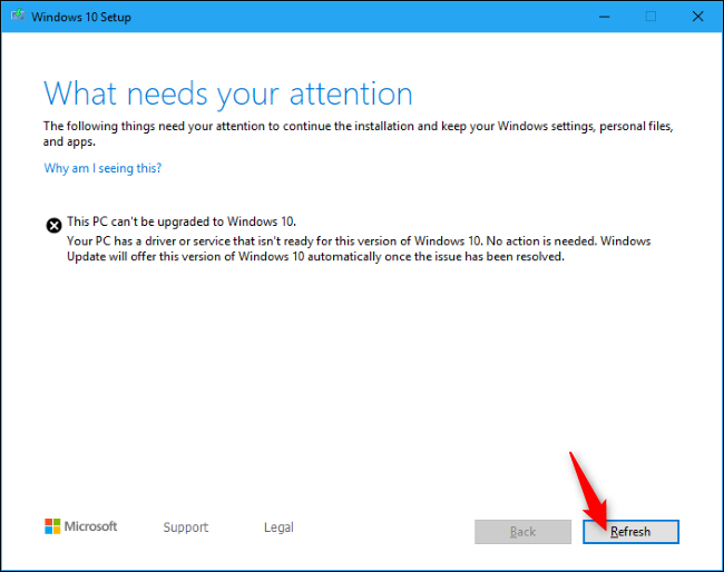 Reanudación de la instalación de Windows 10 con el botón Actualizar