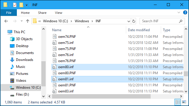 Archivos INF OEM en Windows 10