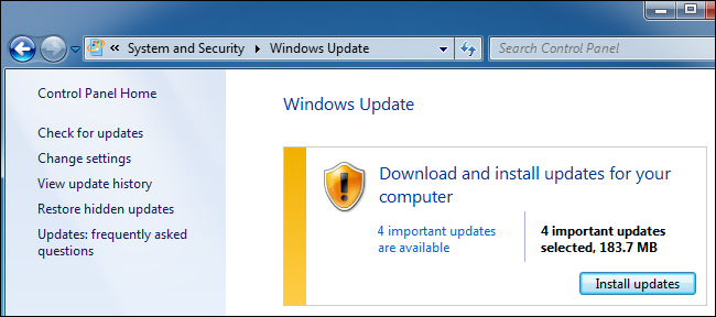 Windows Update in der Systemsteuerung von Windows 7.