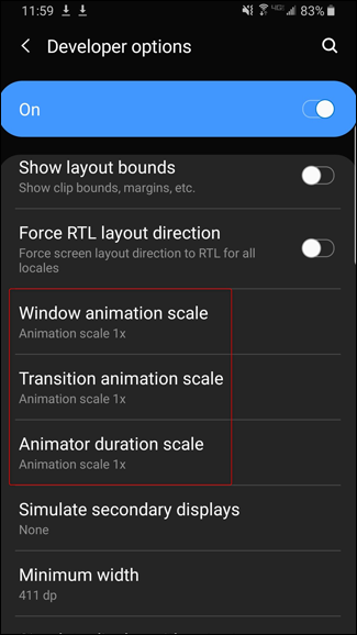 إعدادات مقياس الرسوم المتحركة على Android