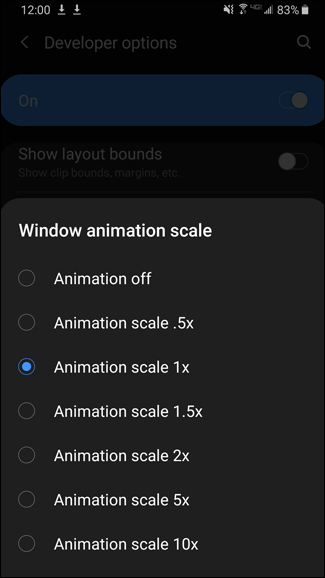 خيارات مختلفة لمقياس الرسوم المتحركة للنافذة على Android