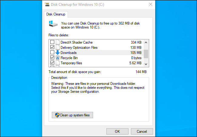 Diska tīrīšana, kurā tiek parādīta mape Lejupielādes operētājsistēmā Windows 10