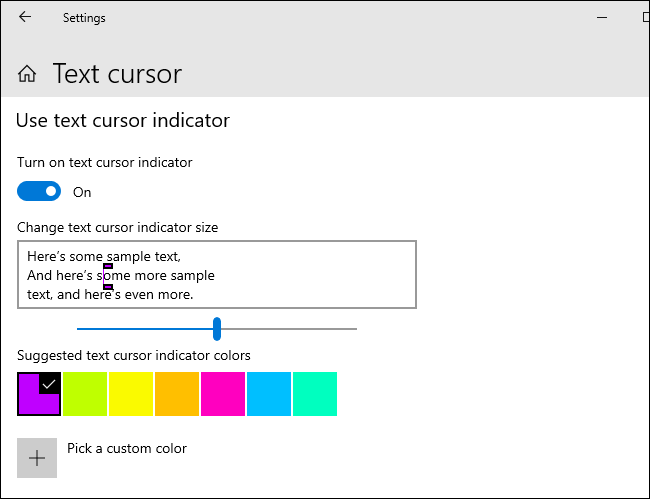 Teksta kursora indikatora pielāgošana operētājsistēmā Windows 10.