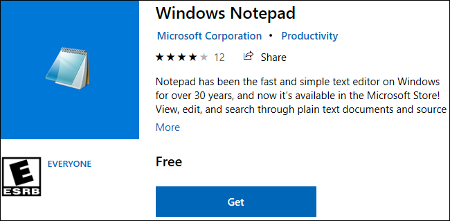 Windows Notepad ir pieejams lejupielādei Windows 10 veikalā.