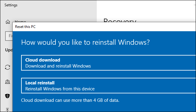 Mākoņa lejupielādes opcija operētājsistēmas Windows 10 atiestatīšanai (vai atkārtotai instalēšanai).