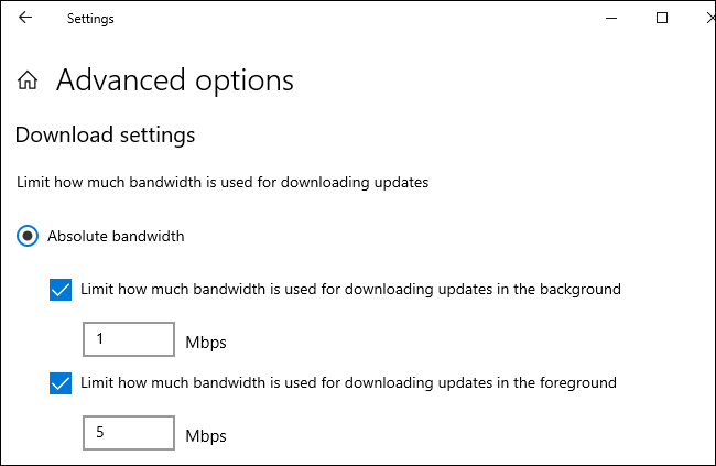 Lejupielādes un augšupielādes ierobežojuma iestatīšana Mb/s operētājsistēmai Windows 10