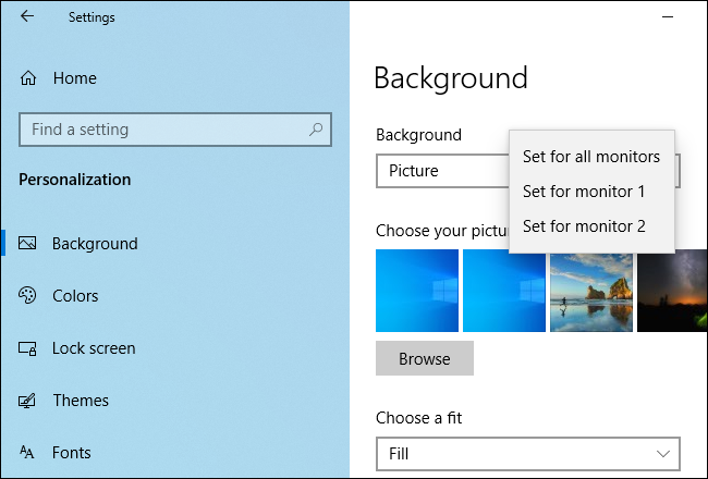 Einstellen verschiedener Hintergrundbilder für verschiedene Monitore unter Windows 10.