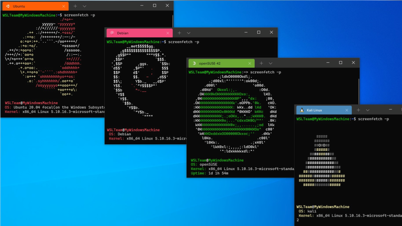 Ubuntu, Debian, openSUSE, at Kali Linux na tumatakbo sa WSL sa Windows.