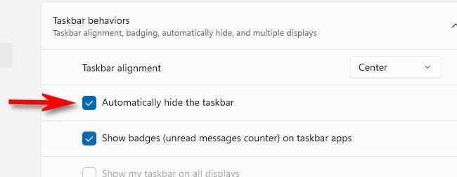 Taskbar Behaviors میں، چیک کریں۔