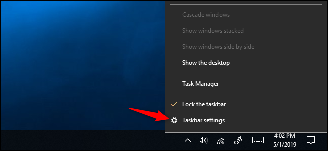 Опция от контекстното меню за настройки на лентата на задачите в Windows 10
