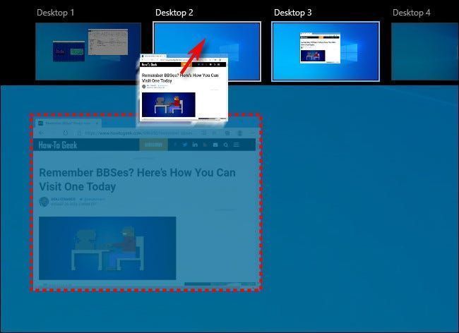 Menyeret tetingkap antara desktop maya pada skrin Task View dalam Windows 10.