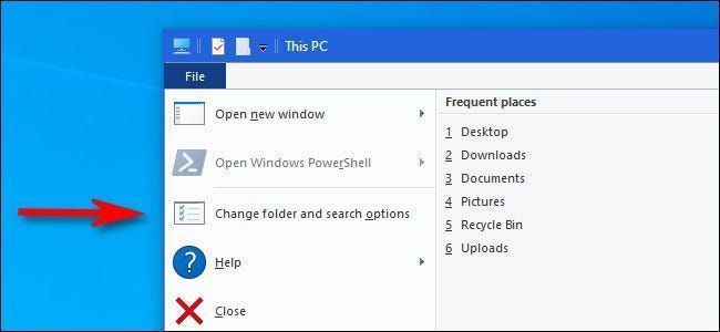 In Windows 10 File Explorer, select File>Muuta kansio- ja hakuasetuksia.
