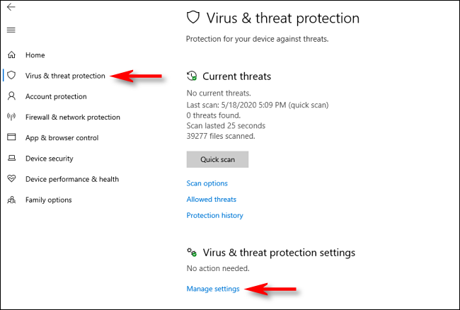 Fare clic su Gestisci impostazioni in Sicurezza di Windows su Windows 10