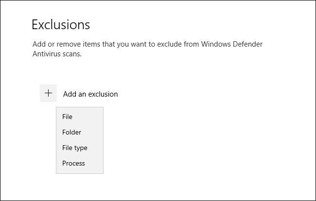 Menú de tipos de exclusión en Seguridad de Windows para Windows 10