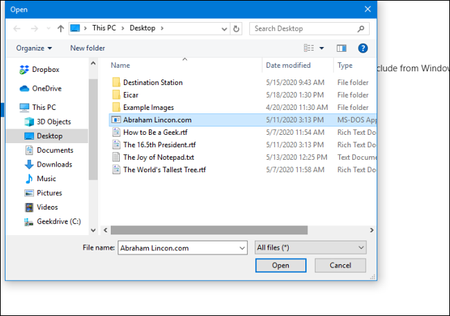 Seleccionar un archivo para excluirlo de los análisis de Windows Defender en la configuración de seguridad de Windows para Windows 10