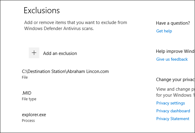Un elenco di esclusioni dalla scansione di Windows Defender in Windows 10