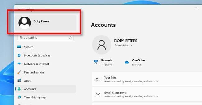 Account nelle impostazioni di Windows 11.