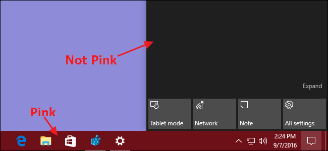 Kaip išlaikyti „Windows 10“ pradžios meniu ir veiksmų centrą juodus naudojant pasirinktinę akcento spalvą