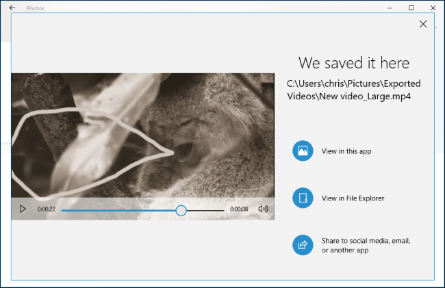 Η εφαρμογή Φωτογραφίες που εξηγεί πού αποθηκεύεται το εξαγόμενο βίντεό σας.