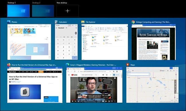 Ein Beispiel für die Aufgabenansicht von Windows 10 mit vielen geöffneten Fenstern.