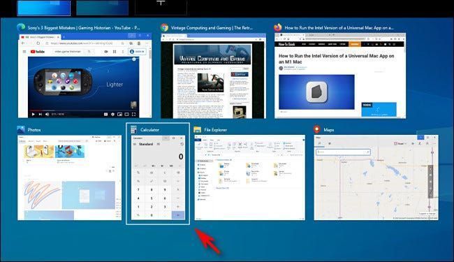 Auswählen eines App-Fensters in der Windows 10-Aufgabenansicht mit den Cursortasten.