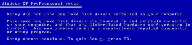 „Windows XP“ diegimo metu „Sąranka nerado jokių standžiųjų diskų“ sprendimas