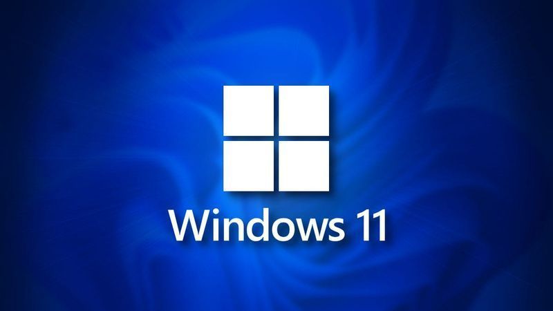 Logo Windows 11 pada latar belakang bayang-bayang biru gelap