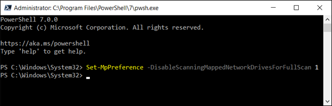 PowerShell میں Defender کے لیے میپڈ نیٹ ورک ڈرائیو اسکینز کو غیر فعال کرنا