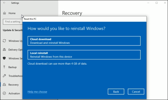 La opción de descarga en la nube en Windows 10