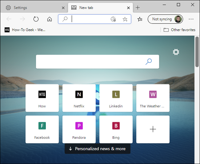 Uusi Chromiumiin perustuva Microsoft Edge -selain, joka näyttää Uusi välilehti -sivun.