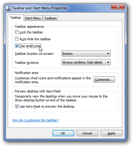 Mainiet izvēlni Sākt, lai izmantotu mazas ikonas operētājsistēmā Windows 7 vai Vista