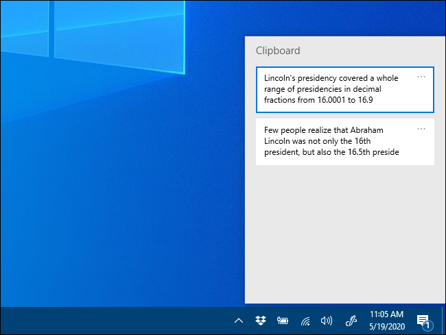 Изскачащият прозорец на историята на клипборда в Windows 10.