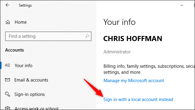 تحويل حساب Microsoft إلى حساب محلي في Windows 10.