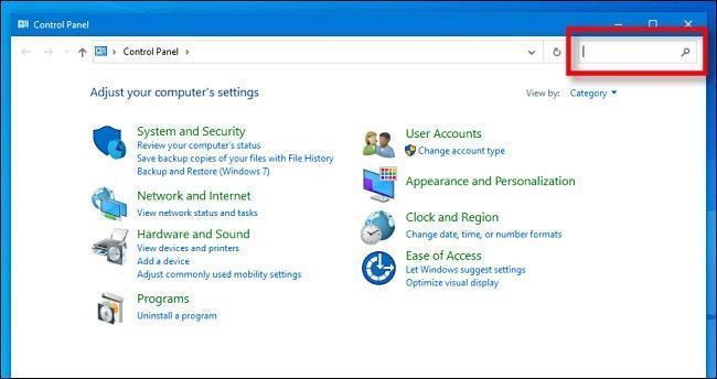 حدد موقع شريط بحث لوحة تحكم Windows 10.