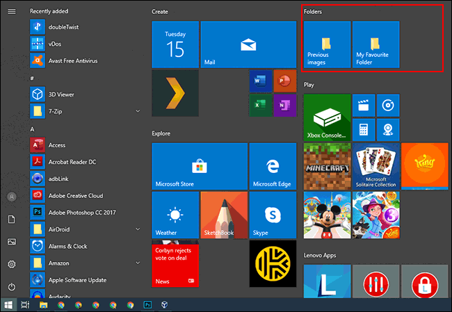 Pripnutá skupina dlaždíc v ponuke Štart systému Windows 10.