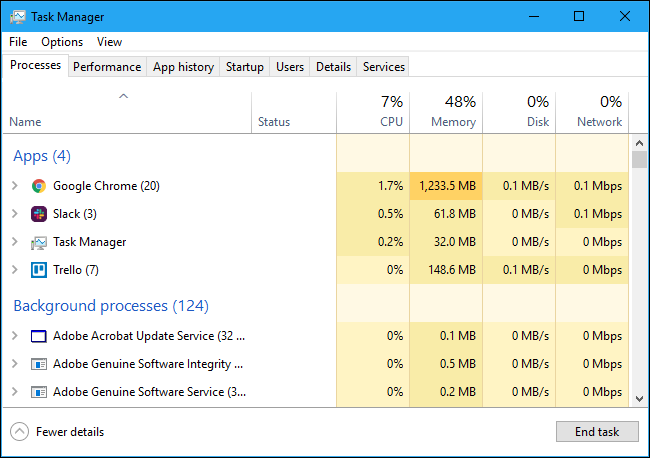App e processi in background nel Task Manager