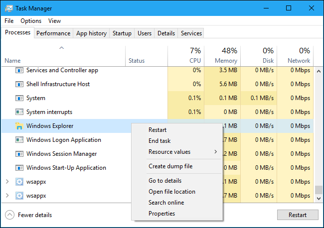 Opzione per riavviare Windows Explorer nel Task Manager