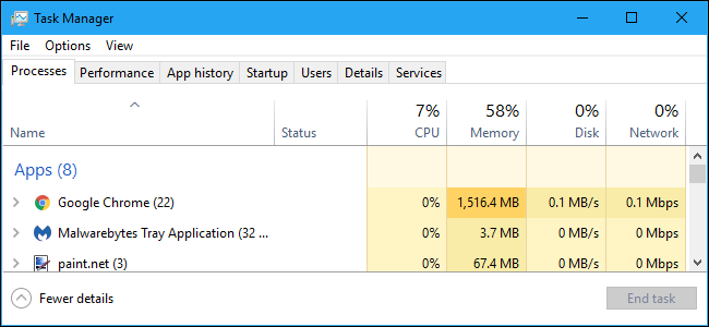Scheda Processi in Windows 10