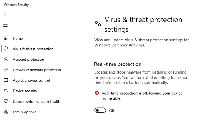 Opzione di protezione in tempo reale di Windows 10 Defender Antivirus disattivata